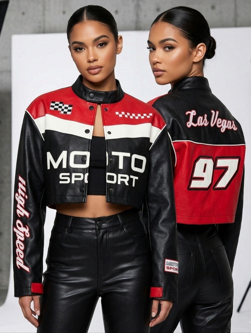 Forever 21 Moto Sport Racing Crop Jacket XS Black Red Faux Leather Las Vegas
